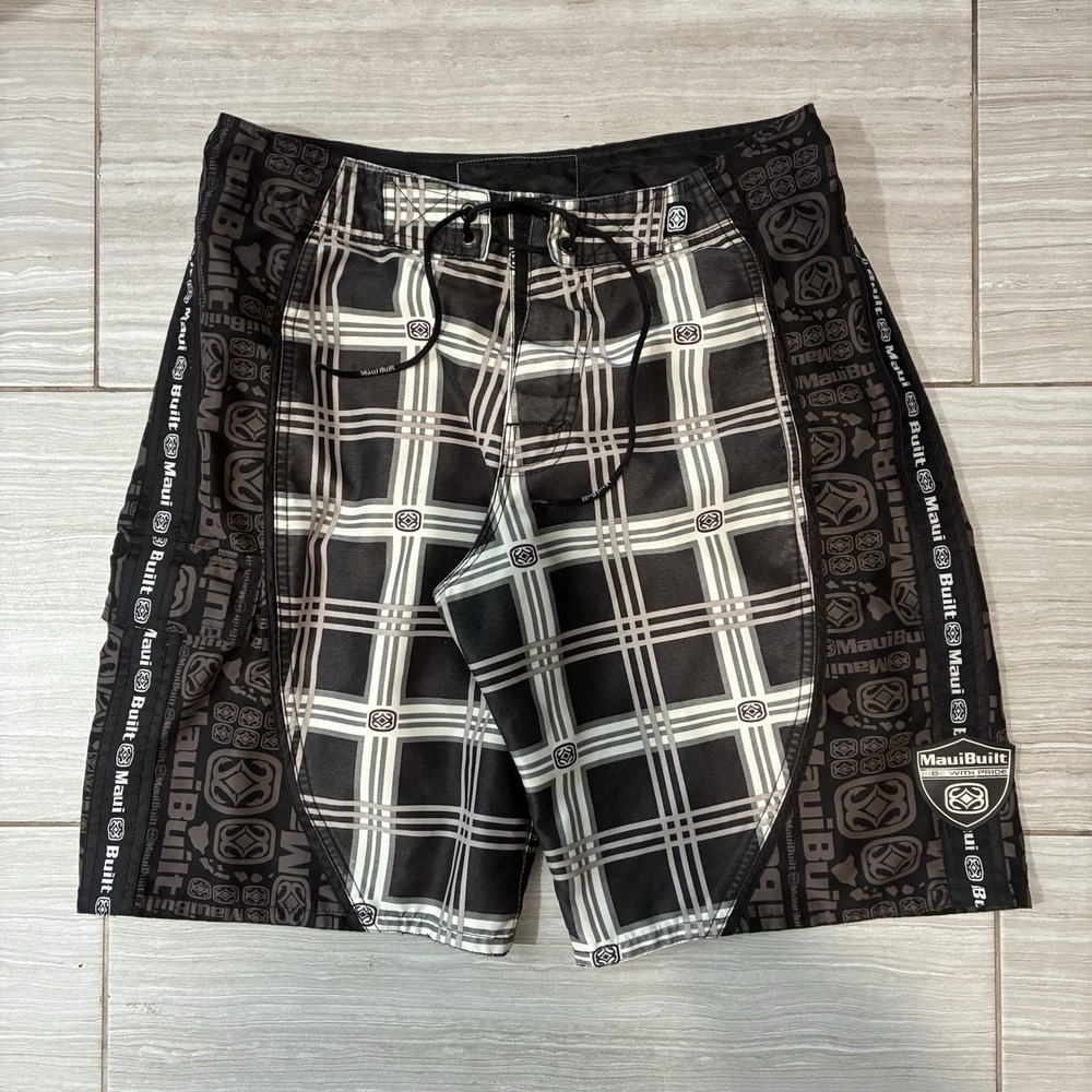 Maui Built Board Shorts Mens 33 Black Plaid Swim Trunks Aloha Culture Y2K AOP